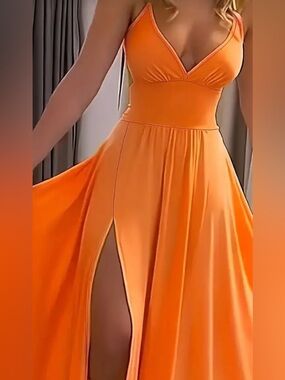 Sleeveless V-Neck Orange Maxi Dress with High Slit | SIZE SMALL